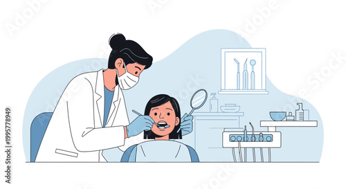 Dentist examining child's teeth with mirror, dental clinic interior, healthcare concept