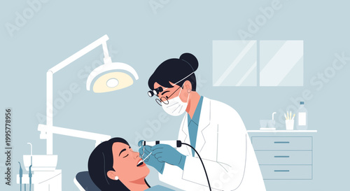 Dentist examining patient's teeth with modern equipment in a clean clinic