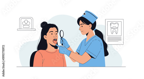 Dentist examining patient's tongue with magnifying glass, dental checkup concept