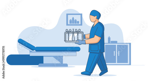 Dentist in blue uniform carrying sterile dental instruments in a clinic