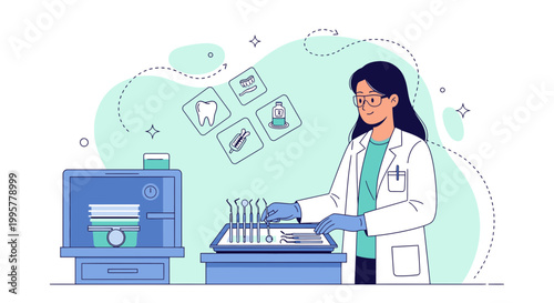 Dentist sterilizing dental instruments in clinic, dental hygiene concept