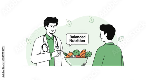 Doctor advising patient on balanced nutrition with fresh vegetables in bowl