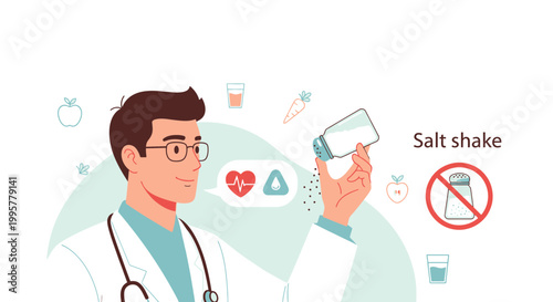 Doctor advising to reduce salt intake for heart health, with healthy food icons
