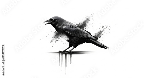 Black crow bird with smoke effect on white background.