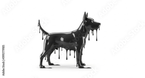 Black dog statue with dripping paint effect.