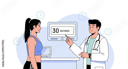 Doctor and patient in clinic, timer showing 30 seconds, health checkup, fitness assessment
