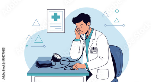 Doctor checking blood pressure with stethoscope and sphygmomanometer in clinic