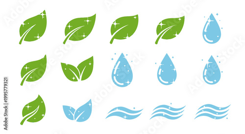 Water droplets and green leaf icons.
