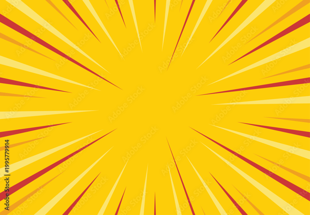 Fototapeta premium Comic style sunburst background. Yellow radial burst with red rays. Pop art explosion backdrop for sale, poster, banner and comic design.