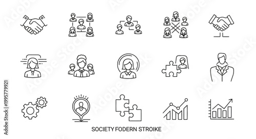 A collection of modern line icons representing society and business concepts.
