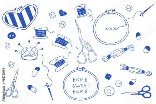 Blue line sewing and embroidery set. Scissors, embroidery hoops, threads, needles, pins and buttons.