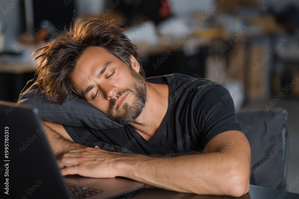 Obraz premium Exhausted at Work A weary individual, overcome by the demands of a hectic work day, finds a moment of respite resting on a desk, capturing the relatable struggle of overwork.