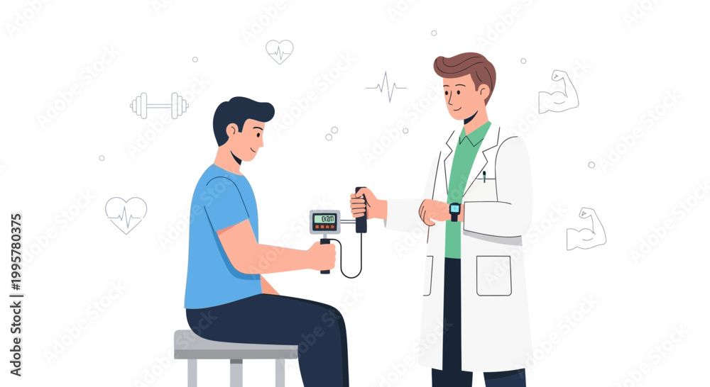 Fototapeta premium Doctor checks patient's grip strength with dynamometer, health checkup concept