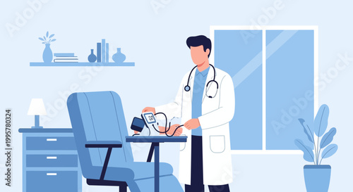 Doctor checking patient's blood pressure in clinic room, medical checkup concept