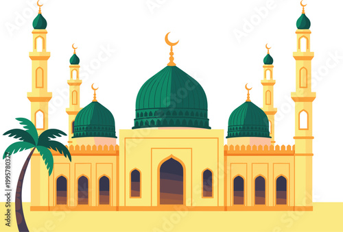 Islamic Mosque Architecture with Green Domes Flat Vector