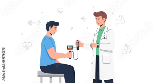 Doctor checks patient's grip strength with dynamometer, health checkup concept