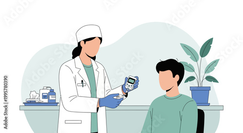 Doctor checks patient's blood sugar with glucometer, diabetes test, healthcare concept