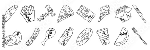 Vector collection of Hand Drawn Fast Food Doodle Set. Minimalistic black and white Fast Food Vector Illustration.