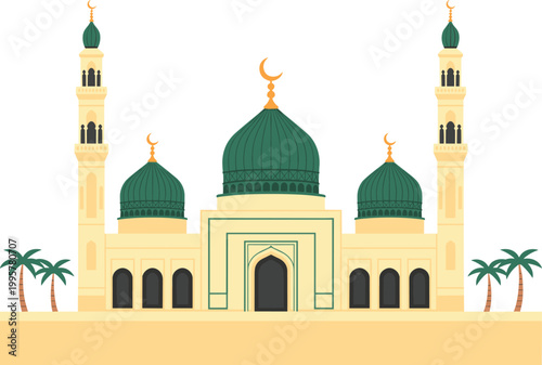 Islamic Mosque Architecture with Green Domes Flat Vector