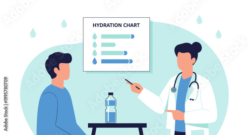Doctor consulting patient about hydration chart and water intake in clinic