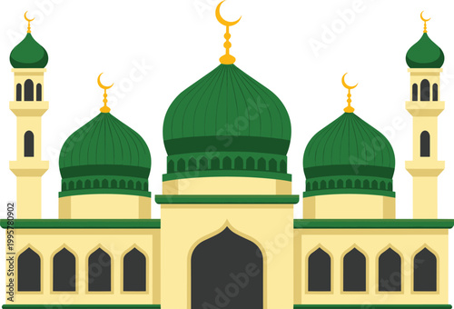Islamic Mosque Architecture with Green Domes Flat Vector