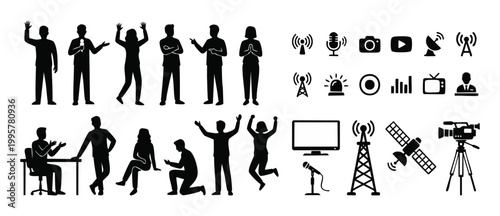People Silhouettes and Broadcast Media Icons Set for News and Communication Design, featuring diverse poses of men and women with television equipment, microphones, satellite dishes, and digital techn