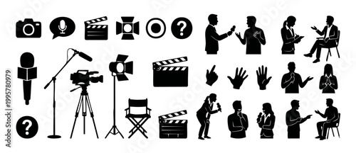 Journalism interview icons set, media production silhouettes with cameras, microphones and reporters characters for broadcast news, filmmaking, corporate video production, television and podcasting me
