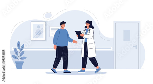 Doctor consulting patient in clinic hallway, discussing medical results on clipboard