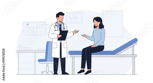 Doctor consulting patient in clinic examination room, medical checkup, healthcare concept