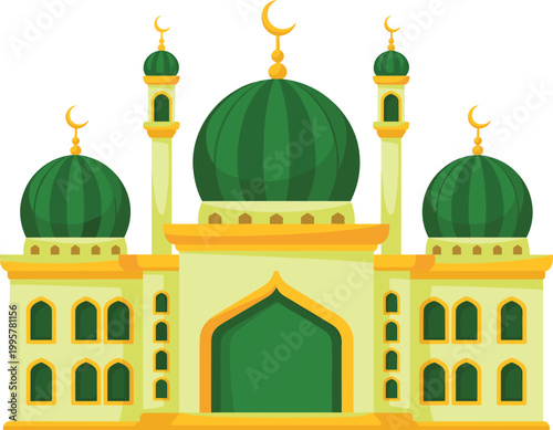 Islamic Mosque Architecture with Green Domes Flat Vector