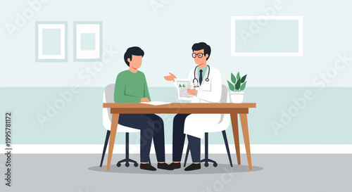 Doctor consulting patient in clinic office, healthcare checkup, medical examination, doctor's visit