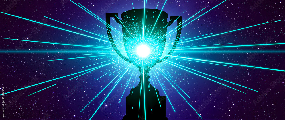 Obraz premium Futuristic trophy silhouette with cyan light blast on cosmic background, epic esports victory banner with copy space.