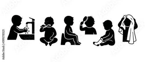 Baby Daily Routine Icon Set - Washing, Brushing Teeth, Potty Training, Combing Hair, Putting on Socks and Drying with Towel. Black Silhouette Illustrations for Healthcare, Parenting and Child Developm