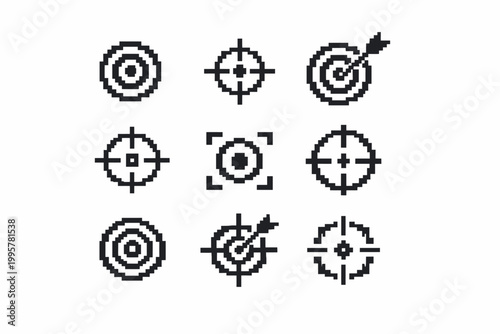 Pixel art target and crosshair icons set in black and white
