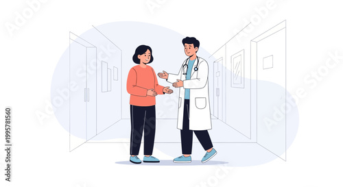 Doctor consulting patient in hospital corridor, healthcare consultation, medical checkup, doctor-patient relationship