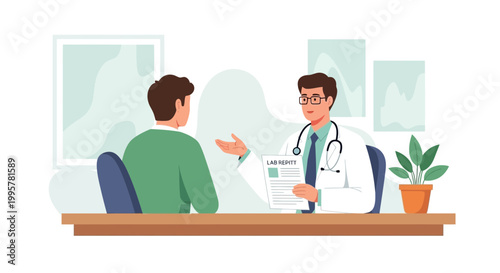 Doctor consulting patient in medical office, discussing health report