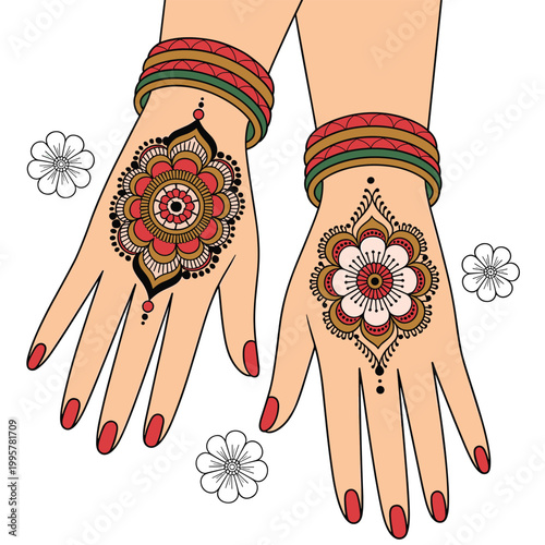 Colorful Mehndi Hand Design with Bangles Vector Illustration