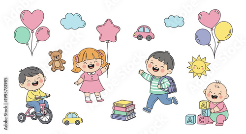 Children Playing With Toys Outdoors.