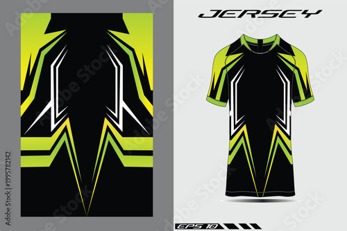 Sublimation Printing Pattern for Sports Jersey Design with Lime Green and Black Geometric Accents.