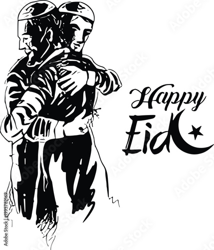Tableau sur toile Artistic black and white illustration of two men hugging in celebration of Happy