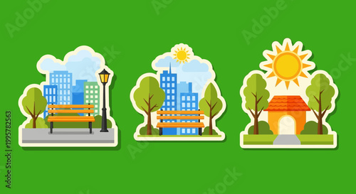 Colorful Park Scenes with Benches, Trees, and Buildings Under Bright Skies.