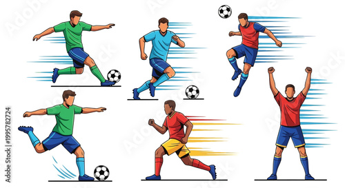 Soccer players in various kicking positions.