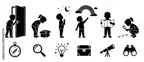 Children Silhouettes Exploring Discovery Icons Set, Curious Kids Learning Outdoors and Science Adventure Symbols, Vector Illustrations of Exploration Activity for Education, Curiosity and Discovery Co
