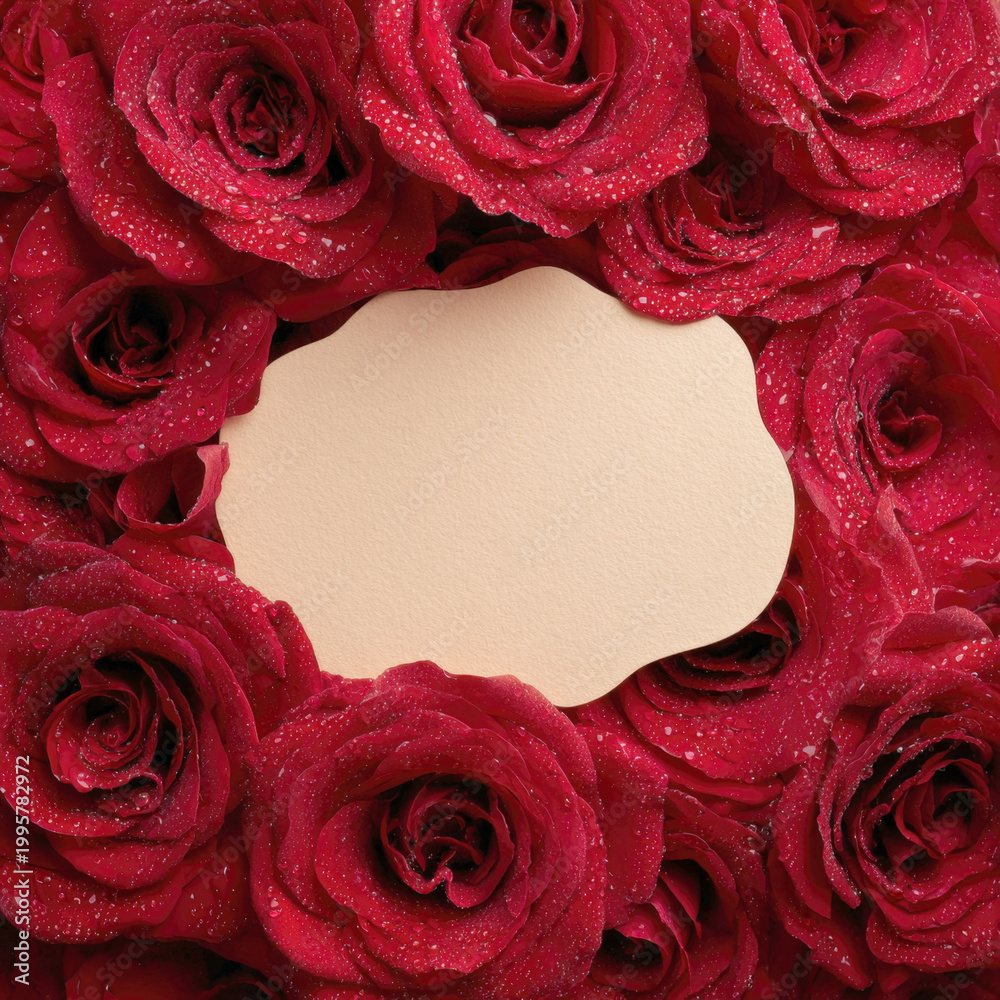 Naklejka premium Beautiful Romantic Red Roses Background with Water Droplets and Blank Craft Paper Message Card for Valentine Day Mother Day Wedding Invitation Greeting Anniversary and Elegant Floral Celebration