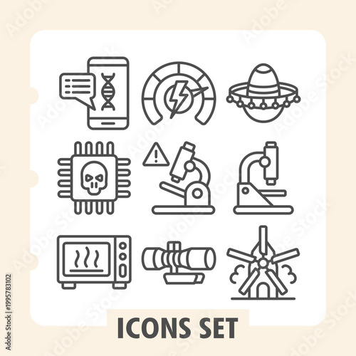 Smartphone dna, microchip, microwave oven icons, collection illustrating concepts such as technology, science, culture and domestic appliances. Set of nine line icons on white background.
