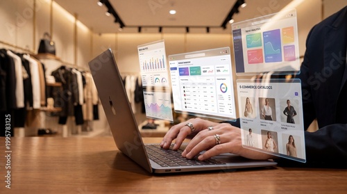 Person working on computer with augmented reality virtual screens and floating data symbols