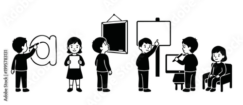 Children Learning Education Icons Set, School Kids Studying and Classroom Activities, Vector Black and White Illustration for Kindergarten and Primary School Design Projects, Preschool Symbols Flat St