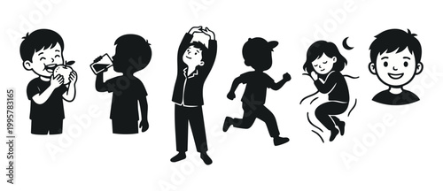 Healthy Daily Routine Kids Icons Set - Children Eating, Drinking, Stretching, Running, Sleeping and Smiling Character Silhouettes for Educational Infographics, Wellness and Active Lifestyle Concepts