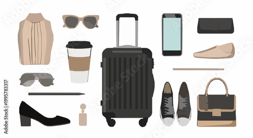Foto Modern business travel essentials flat vector illustration with black suitcase f