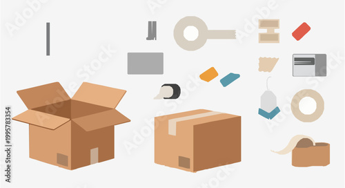 Cardboard Box Packing Set with Sealing Tape and Parcel Preparation Icons Minimalist Flat Illustration for Logistics E-commerce and Moving House Concepts, 19 words